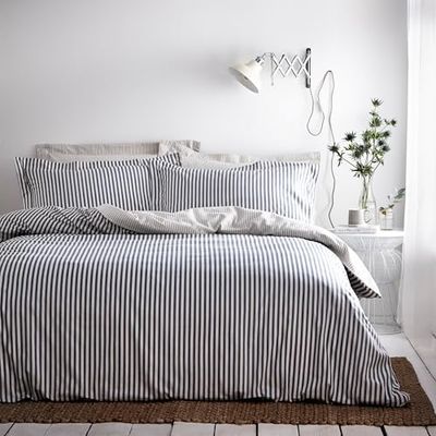 The Linen Yard The Hebden Duvet Set Reversible Striped Design-2 x Pillowcases Included Machine Washable-228 x 218cm (91" x 81" inches), Cotton, Blue/Grey/Natural, King