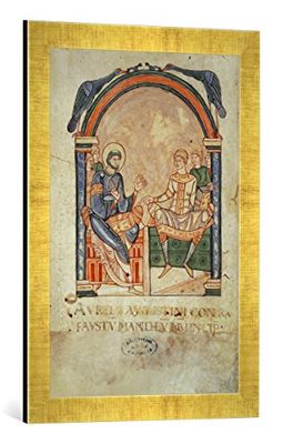 Ingelijst beeld van 13e eeuw "Augustinus u. Vaustus Manich. / Boek. Kunstdruk in hoogwaardige handgemaakte fotolijst, 40x60 cm, Gold Raya