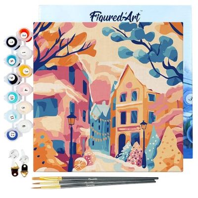 Figured'Art Mini Peinture par Numéro Adulte 20x20cm avec cadre Belle ville enneigée - Petit Format Kit de Loisir Créatif DIY Numéro d'Art Complet