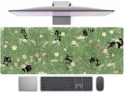 Tapis de souris mignon avec motif chat et feuilles vertes et fleurs roses - Tapis de souris de jeu XL pour fille et femme - 80 x 30 cm