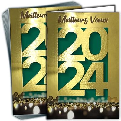 LOT 10 Cartes Meilleurs Vœux Bonne Année 2024 Doré +10 Enveloppes Format 17,5x12cm Grand Nombre Chiffres en Or Brillant Scintillant étincelant - Intérieur Blanc - Fabriqué en France - LOT10-61-5819