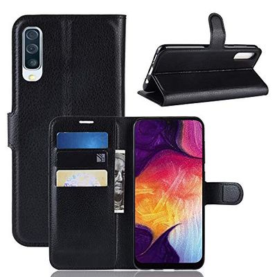 Carcasa de telefono Litchi Texture Horizontal Flip Funda de Cuero for Galaxy A50, con Billetera y Soporte y Ranuras for Tarjetas (Negro) (Color : Negro)