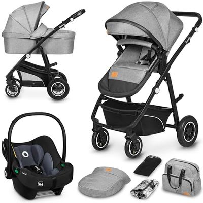 LIONELO BIANKA Barnvagn 3-i-1 till 22 kg babybadkar hopfällbar, resesystem, inställning av ryggstödet, hjul 360o stötdämpare, skydd XXL