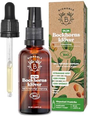 EKOLOGISK FENUGREEK OLJA | Oljeutdrag av Bockhornsklöverfrön & Solrosolja | Kropp, Byst, Rumpa, Hår, Naglar | Vegan & Cruelty Free | Glasflaska + Pipett + Pump (50ml)