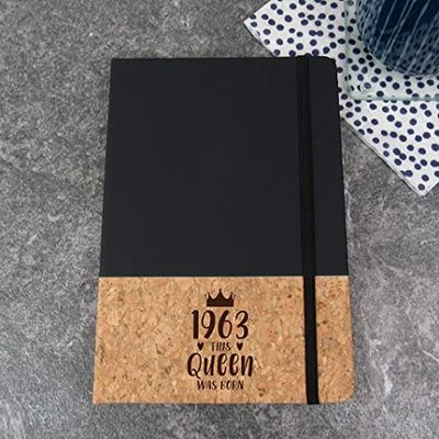 eBuyGB Engraved Black A5 Cork Notebook -1963 This Queen was Born Design - 60th Birthday Gifts for Women, Her - Sixtieth Birthday Gift for Grandma, Mum, Sister, Auntie - Natural Eco-Friendly Notepad