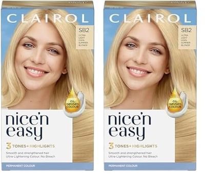 Clairol Nice'n Easy Crème, Natural Looking Oil Infused Permanent Hair Dye, SB2 Ultra Light Cool Summer Blonde (Pack of 2)
