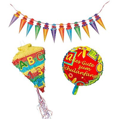 Idena 90125 - 1 Pinata cono scuola, 1 Ghirlanda, 1 Palloncino in foil inizio scuola, iscrizione, inizio scuola, decorazione, regalo