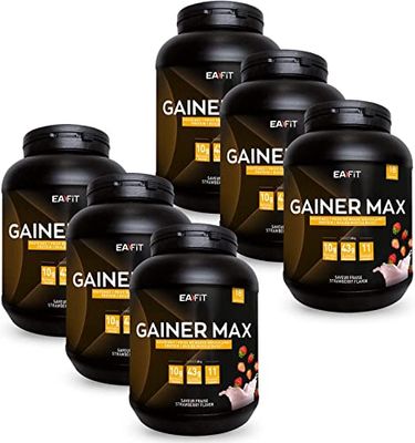 EAFIT GAINER MAX 1,1kg - Fraise - FORMAT ECO 6 POTS 6,6kg - Protéine Musculation - Whey + Å’uf - Prise De Masse Musculaire - Apport Calorique - Vitamines Minéraux-108 Portions - Certifié Anti-dopage