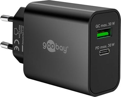 goobay Cargador rápido Dual USB-C PD GAN, 30W, 1x USB-C Power Delivery + 1x USB-A Quick Charge, Compacto, Carga simultánea, Compatible con iPhone, Samsung, Xiaomi, iPad, Negro, 75335