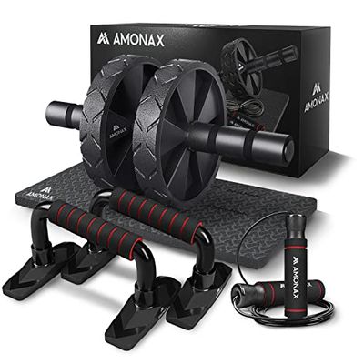 Amonax Fitnessapparatuur voor thuistraining (Ab Roller Wheel Set, Skipping Rope, Push-up Handvatten). Fitnessoefening, krachttrainingsapparatuur voor buikspieren, gewichtsverlies, sportaccessoires voor mannen en vrouwen