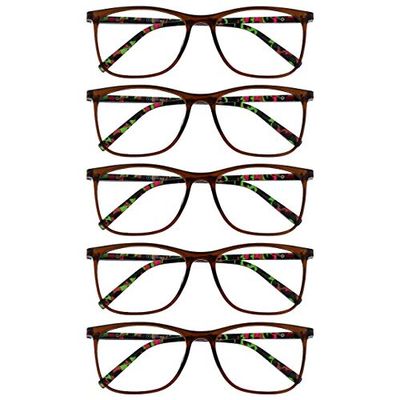 OPULIZE Arc Reading Glasses 5 Pack Stylish Slim Square Frame Spring Hinges Scratch Resistant Brown Patterned Arms Mens Womens RRRRR66-2 +3.00