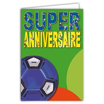 Tarjeta Super Cumpleaños Balón de Fútbol Azul Equipo de Futbolistas con Sobre Tamaño 12 x 17,5 cm, Papel 300 gr procedente de bosques gestionados sosteniblemente brillantes Fabricado en Francia Vida