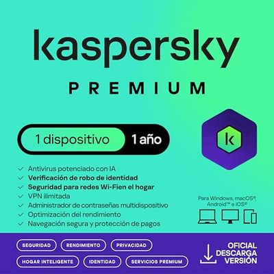 Kaspersky Premium Total Security 2025 | 1 Dispositivo | 1 año | Anti-Phishing y Firewall | VPN ilimitada | Gestor de contraseñas | Control parental | Soporte 24/7 | PC/Mac/Móvil | Código por email