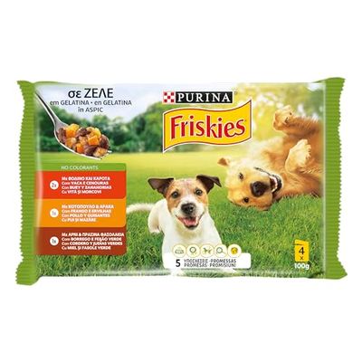 Purina Friskies Comida húmeda para Perro en Gelatina con Pollo, Cordero y Buey, 10 Paquetes de 4 Sobres de 100g