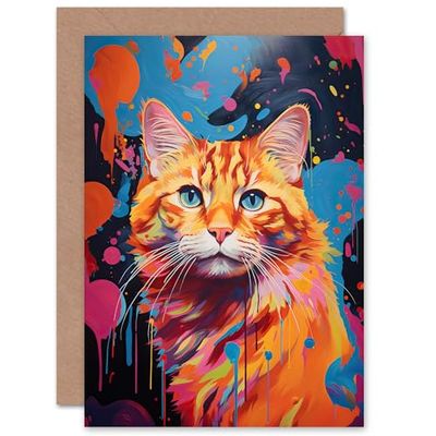Artery8 Orange Tabby Cat Lover Gift Pet Portrait Abstract Pink Blue Artwork Painting Sealed Greeting Card Plus Envelope Blank inside