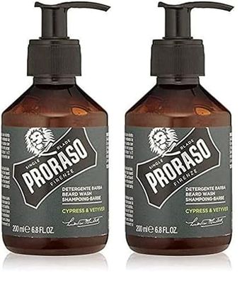 Proraso Champú barba Cypress & Vetyver, 200 ml, champú hidratante profesional para el cuidado barba hombre que elimina impurezas y limpia eficazmente (Paquete de 2)