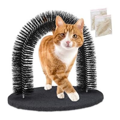 Relaxdays Arco Massaggiatore per Gatti, con Erba Gatta, Spazzola Massaggiante, Cura del Pelo, Cat Scratcher Setole, Nero, Ferro, 34 x 36 x 28,5 cm