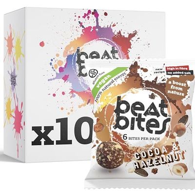 Beatbites Cocoa & Hazelnut Energy Bites | Natural Plant-Based Snack with Oats, Cacao & Hazelnuts | Healthy Craving Treat for Gym, Sports & Travel | Gluten Free, High Fibre | Made in UK | 10 x 45g