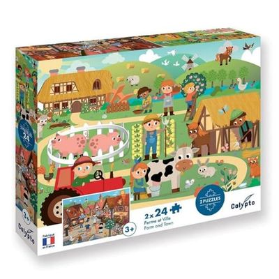 Calypto 3907707 Bauernhof & Stadt, 2x24 Puzzle-Set mit Soft-Touch, Kinderpuzzle mit großen Teilen und samtiger Oberfläche inkl. Puzzleposter, für Kinder ab 3 Jahren, Nachauflage