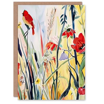 Artery8 Greeting Card Northen Cardinal Bird Watercolour Spring Flowers Blank For Him Or Her Art Birthday Card