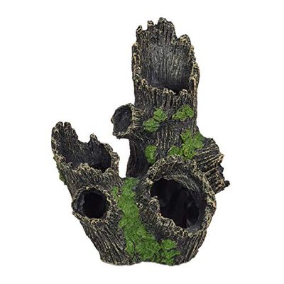 Relaxdays Aquarium Decoration, Tree Trunk Cave, Natural Look Ornament, Resin, Fish Tank, HWD 16.5x15.5x11cm, Black/Green, Polyresin, Pack of 1