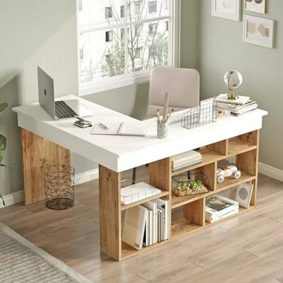 Dmora - Bureau Angete, Pupitre Polyvalent, Table de Bureau pour PC, Plan de Travail, 129x120h72 cm, Chêne et Blanc