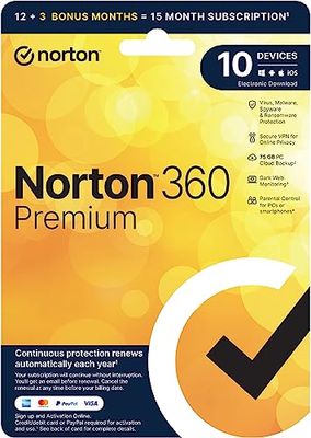 Norton 360 Premium 2023 Antivirus software for 10 Devices, 15 Months subscription|Premium|10 Device|15 Months|PC|Download