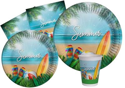 Ciao-Kit Table Fête Summer Party 24 personnes (112 pcs: assiettes, gobelets, serviettes) en papier compostable Vaisselle, AZ147, Multicolor