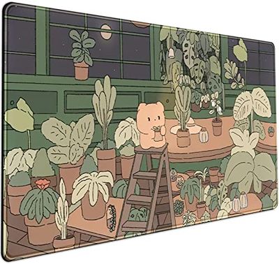 Tapis de bureau mignon avec ours kawaii - Protection de bureau - Tapis de clavier Kawai - Esthétique - Marron et vert - Grand tapis de souris XXL - Décoration d'intérieur pour femmes et filles