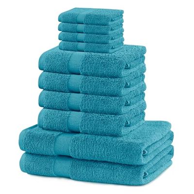 DecoKing Set di 10 asciugamani in cotone di qualità 525 g/m², 4 asciugamani per ospiti 30 x 50 cm, 4 asciugamani da 50 x 100 cm e 2 teli da bagno 70 x 140 cm, turchese assorbente Marina