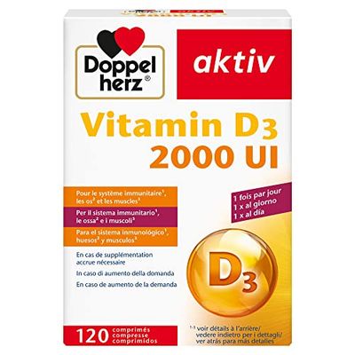 Doppelherz aktiv Vitamin D3 2000 UI, Soutien immunitaire, os & muscles, 50 μg/comprimé, 120 comprimés essentiels pour une santé optimale