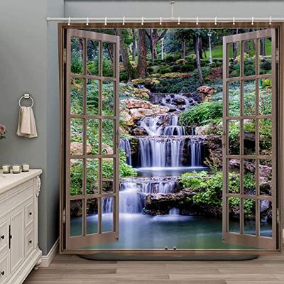 ZZYSKS Tenda da doccia a cascata della foresta primavera natura scenico albero verde tropicale giungla foresta pluviale fiume pietra paesaggio tessuto arredamento bagno set con ganci 170 x 170 cm