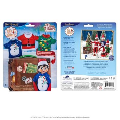 The Elf on The Shelf® Claus Couture Lot de 3 t-Shirts de Noël | Bonhomme de Neige, Père Noël et Sapin de Noël | avec Valise de Voyage | Tenue Scout Elf