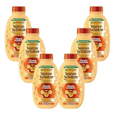 Garnier Shampoo against brittle hair, repairing hair shampoo with acacia honey and beeswax, for more shine and suppleness, true treasures honey, 6 x 250 ml