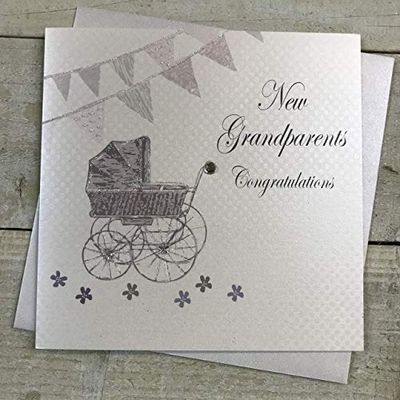 WHITE COTTON CARDS "Nuevo Abuelos Congratulations Hecha a Mano Tarjeta de felicitación de recién, Color Blanco