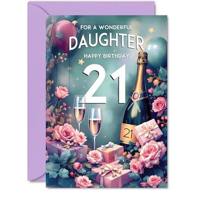 21st Birthday Card Daughter - Pink Presents Champagne Bottle - Gorgeous Pretty Beautiful Birthday Cards for 21 Year Old Woman Women, A5 Greeting Cards Gift