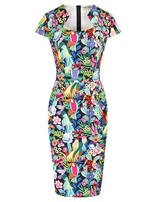 GRACE KARIN Cap-Sleeves Vintage Wiggle Dress cocktailklänning dam, Blommig fågel, L