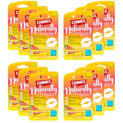 Carmex Naturally Stick anguria – Cura delle labbra per labbra secche, balsamo per labbra idratante e lenitivo per labbra screpolate, con olio di ricino, vitamina E e cera d'api – (12 x 4,25 g)