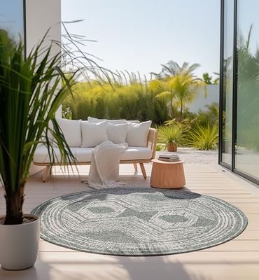 Elle Decoration Tappeto rotondo per interni ed esterni, resistente alle intemperie e all'acqua, moderno motivo Boho Ethno, per esterni, per giardino, balcone, terrazza, soggiorno, verde, 200 cm