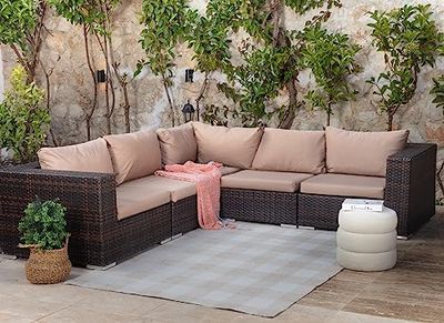 Surya Tapis géométrique d'intérieur et d'extérieur durable pour salon, cuisine, jardin, terrasse – Tapis à motifs colorés de style bohème résistant aux UV et aux taches – Taille L (160 x 213 cm, beige
