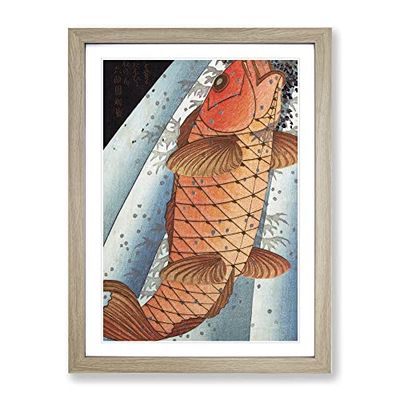 Red Carp By Yashima Gakutei Asian Japanese Framed Wall Art Print, Ready to Hang Picture for Living Room Bedroom Home Office Décor, Oak A4 (34 x 25 cm)