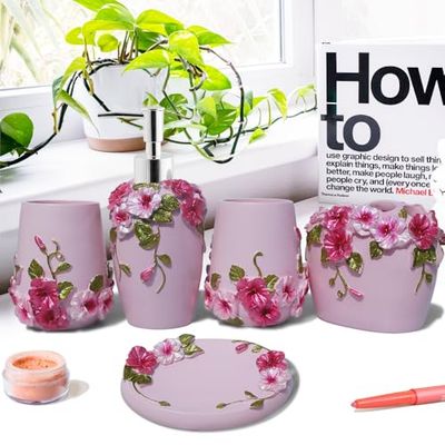 LUANT Accessoires de Salle de Bain Vintage Rose 5 pièces, Distributeur de Savon, Porte-Brosse à Dents, gobelet et Porte-Savon – Coffret Cadeau de Bain