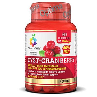 Colours of Life Cyst Cranberry - Integratore di Frutti di Mirtillo Rosso - per la Funzionalità delle Vie Urinarie e il Drenaggio dei Liquidi - Senza Glutine e Vegano, 60 Compresse