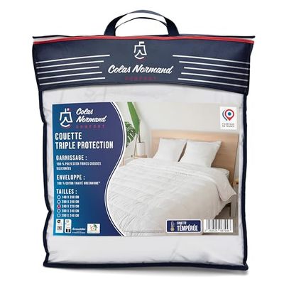 COLAS NORMAND – Trapunta Temperata – Tripla Protezione – Antiacari, Antizanzare – 240 x 220 – 100% Cotone – Poliestere Fibre cave Siliconate – Produzione francese