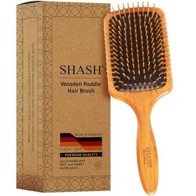 SHASH Depuis 1869 Fabriqué en Allemagne Brosse à Palette en Bois | Démêle, Coiffe et Revitalise les Cheveux en Douceur - Minimise les Frisottis et les Cassures