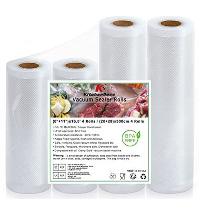 Kitchenboss Sacchetti Sottovuoto Per Alimenti: 4 Rotoli 20|28| x500 cm, Senza Bpa, Liberi Di Tagliare, Durevole, Adatti Per Microonde Congelamento Della Conservazione Alimenti e Cottura Sous Vide
