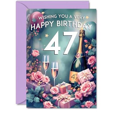 47th Birthday Card - Pink Presents Champagne Bottle - Gorgeous Pretty Beautiful Birthday Cards for 47 Year Old Woman Women, A5 Greeting Cards Gift
