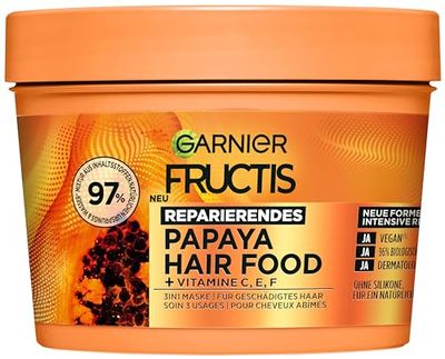 Garnier Papaya 3-in-1 Hair Mask for Damaged Hair, Leave In for Intensive Care and Softness, Vegan Formula with Natural Ingredients, Fructis Hair Food, 1 x 400 ml