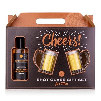 Accentra Men's Collection Gift Set in Gift Box, Including 140 ml Bath & Shower Gel, 2 x Shot Glasses in Beer Mug Shape (4 cl each), Birch & Cedar Scent - Brown