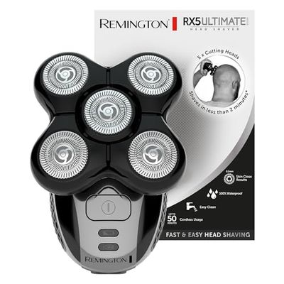Remington Rasoio Testa Calva Uomo - Lama a doppia traccia flessibili - Rasoio a testine Rotanti al litio, 5 testine di rasatura, Raccolta peli, Rifinitore, Rasoio Elettrico RX5 XR1501